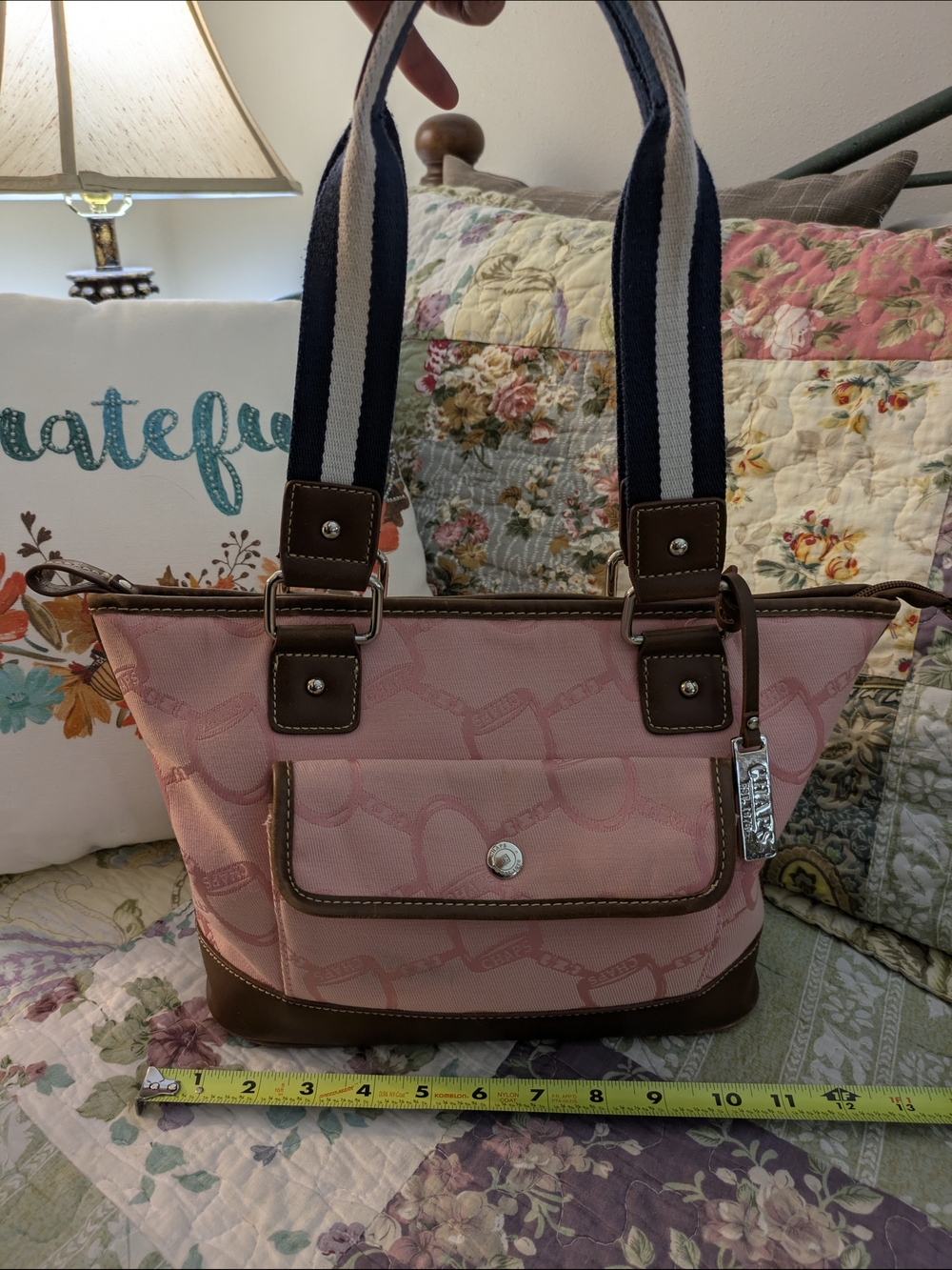 Chaps Pink Fabric Bag with Brown Trim and Charm